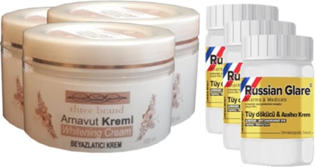 Three Brand 100 ml Arnavut Aklık Kremi 3 Adet + Russıan Glare Tüy Dökücü Azaltıcı Merhem 50 ml 3 Ad