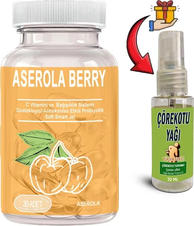 Aserola Berry: 1 Adet Aserola Ekstresi Içeren C Vitaminli Antioksidanlı Probiyotik 30LU Soft Jel Kapsüller + 30 ml Çörek Otu Masaj Yağı