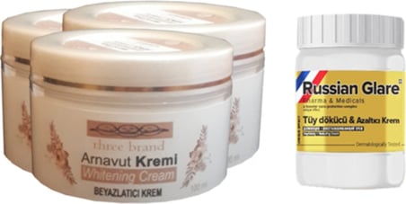 Three Brand 100 ml Arnavut Aklık Kremi 3 Adet + Russıan Glare Tüy Dökücü Azaltıcı Merhem 50ML 1 Ad