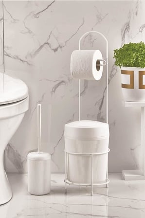 Metal Standlı Yuvarlak Kovalı & Kağıtlıklı & Fırçalıklı Beyaz Banyo Takımı