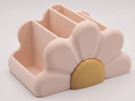 3D Baskı Çiçek Formlu Masaüstü Organizer Makyaj Fırçalığı ve Kalemlik Papatya Desenli Bölmeli - Pembe