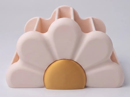 3D Baskı Çiçek Formlu Masaüstü Organizer Makyaj Fırçalığı ve Kalemlik Papatya Desenli Bölmeli - Pembe