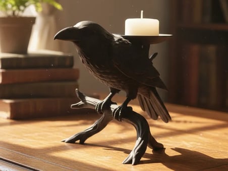 3D Baskı Karga Figürlü Mumluk Dark Academia Dekoratif Dallı Karga Mum Tutucu Siyah