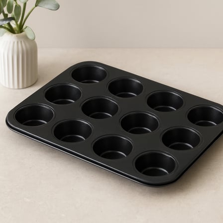 12 Gözlü Metal Muffin Kek Kalıbı - Siyah (Düz)
