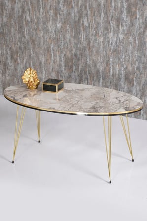 Bezos Professional Oval Orta Sehpa Mermer Desenli Gold Tel Ayaklı 90x50 cm