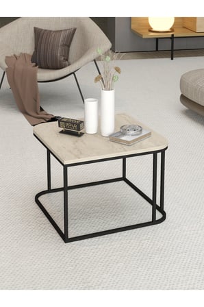 Bezos Professional Damla Kare Orta Sehpa Bej Traverten Desenli Metal Ayaklı 65 cm