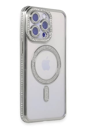 Apple iPhone 15 Pro Max Uyumlu Kılıf Joke Simli Magneticsafe Kılıf - Gümüş