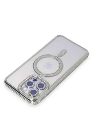 Apple iPhone 15 Pro Max Uyumlu Kılıf Joke Simli Magneticsafe Kılıf - Gümüş