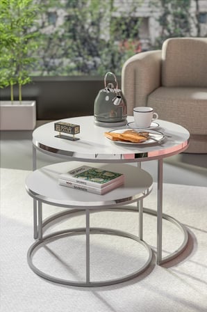 Gümüş Metal Orta Sehpa Beyaz 2 li