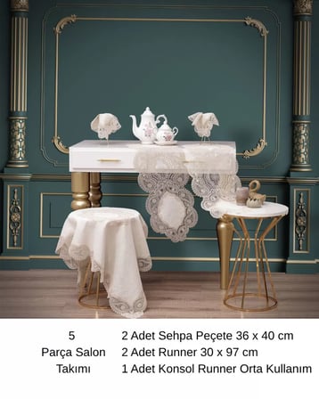 -Kapiçino Bellisima Model 5 Parça Keten Dantelli Salon Takımı Runner Seti No 800