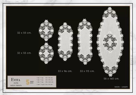 Salon Takımı 5 Parça Keten Dantelli Masa Örtüsü Runner Seti Evita Mode No 6859 --