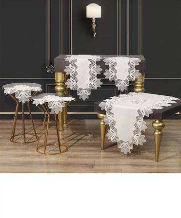 Salon Takımı 5 Parça Keten Masa Örtüsü Runner Seti Çeyizlik Kayla Model No 22252 -Gümüş