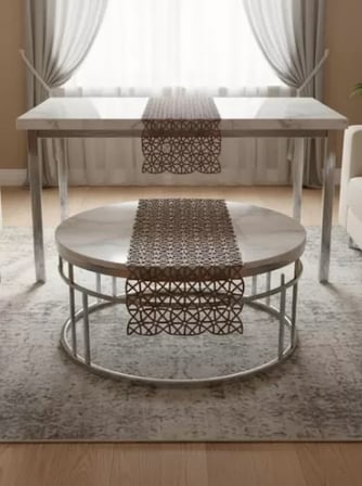 Salon Takımı 5 Parça Dantel Masa Örtüsü Runner Seti Kahverengi Angles Model No 856