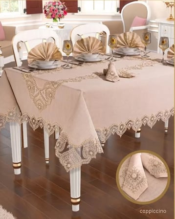 Kapiçino Kartanesi Gardenya Keten 12 Kişilik 160 × 220 cm Yemek Takımı Masa Seti