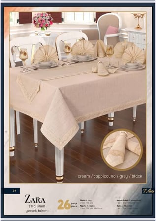 Zara Linen Kapiçino 12 Kişilik 26 Parça 155 × 220 cm Masası Premium Şık Sofra Seti