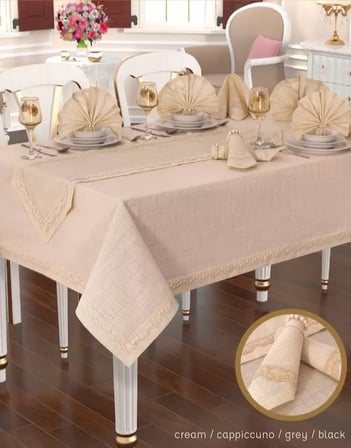 Zara Linen Kapiçino 12 Kişilik 26 Parça 155 × 220 cm Masası Premium Şık Sofra Seti