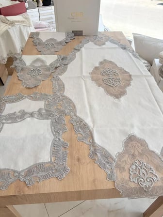 Salon Takımı Çeyizlik Gri Runner Set 5 Parça Keten Masa Örtüsü Runneri Evalina