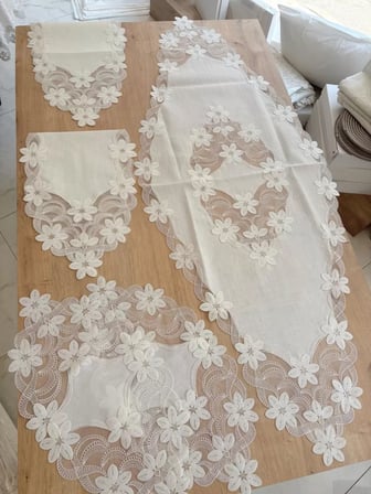 Salon Takımı Çeyizlik Runner Set 5 Parça Keten Masa Örtüsü Runneri Lüx Evita