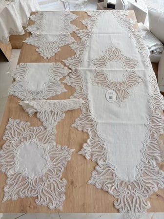 Salon Takımı Çeyizlik Runner Set 5 Parça Keten Ranır Masa Konsol Sehpa Örtüsü Gülseda