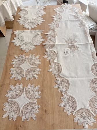 Salon Takımı Çeyizlik Runner Set 5 Parça Keten Ranır Masa Konsol Sehpa Örtüsü Lady