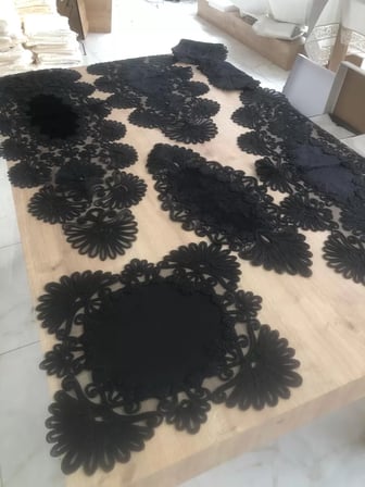 Salon Takımı Çeyizlik Siyah Runner Set 7 Parça Kadife Ranır Masa Konsol Sehpa Örtüsü Palmiye