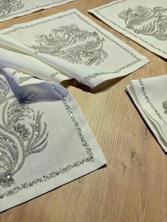 Salon Takımı Çeyizlik Runner Seti 5 Parça Keten Ranır Masa Örtüsü Boncuklu Lüx Set