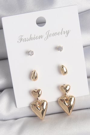 Pirinç Gold Renk Zirkon Taşlı Sallantılı Kalp Model 3 Çift Kadın Küpe Seti