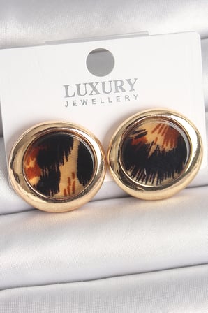Pirinç Renk Leopar Desen Daire Model Kadın Küpe
