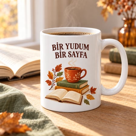 Bir Yudum Bir Sayfa Kitap ve Kahve Temalı Porselen Kupa - Sonbahar Tasarımı - MODEL 257