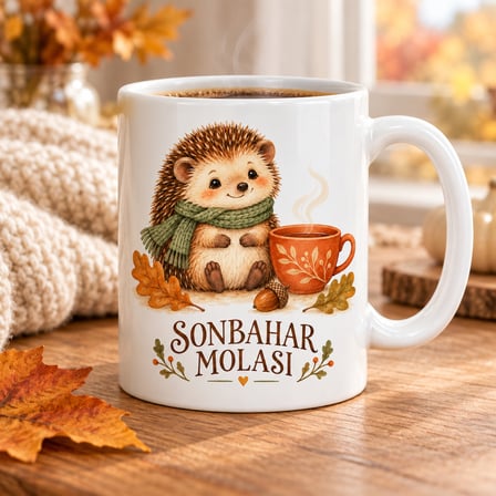 Sonbahar Molası Kirpi Tasarımlı Porselen Kupa - Yaprak ve Kahve Temalı - MODEL 258