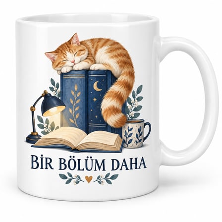 Bir Bölüm Daha Kitap ve Uyuyan Kedi Tasarımlı Porselen Kupa - MODEL 259