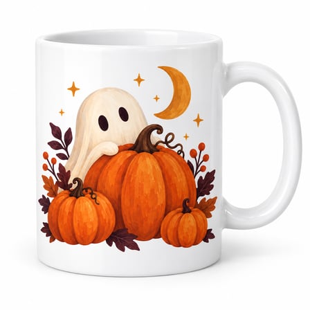 Sevimli Hayalet ve Balkabağı Tasarımlı Porselen Kupa - Halloween Teması - MODEL 261