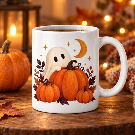 Sevimli Hayalet ve Balkabağı Tasarımlı Porselen Kupa - Halloween Teması - MODEL 261
