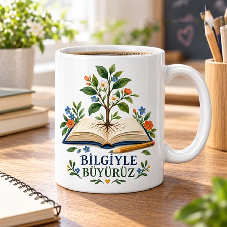 Bilgiyle Büyürüz Kitap ve Filiz Tasarımlı Porselen Kupa - Öğretmene Hediye - MODEL 262