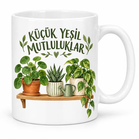 Küçük Yeşil Mutluluklar Saksı Bitkileri Tasarımlı Porselen Kupa - MODEL 265