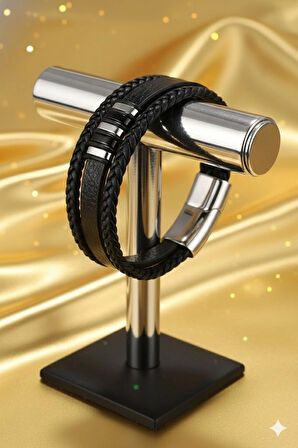 Gogoey Erkek Bileklik Hakiki Deri - Siyah Silver Hasır Örme Şık Modern