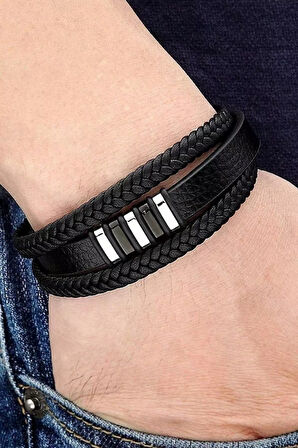 Gogoey Erkek Bileklik Hakiki Deri - Siyah Silver Hasır Örme Şık Modern