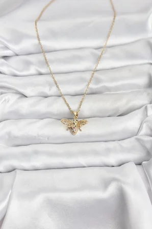 316L Çelik Zincir Gold Renk Sinek Model Zirkon Taşlı Kadın Kolye 5886