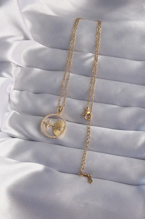 316L Çelik Zincir Gold Renk Zirkon Taşlı Yıldız Figürlü Oval Kolye 5886