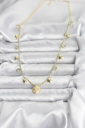 Pirinç Gold Renk Zirkon Taşlı Kutup Yıldızı Model Kadın Kolye 5886