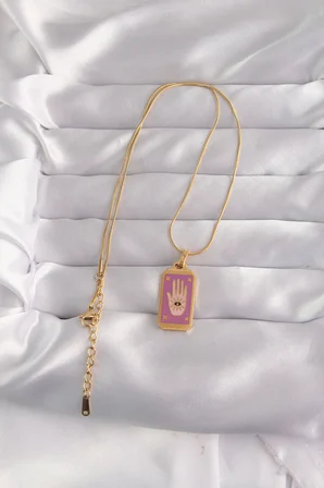 316L Çelik Gold Renk Mor Mineli El Figür Tarot Kolye 5886