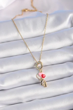 316L Çelik Gold Renk Renkli Kalp Figür Charm Model Kadın Kolye 5886