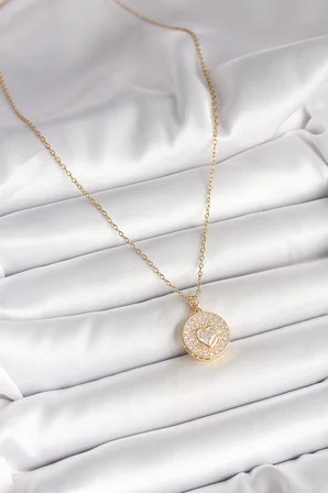 316L Çelik Gold Renk Zincir Madalyon Zirkon Taşlı Kalp Model Kadın Kolye 5886