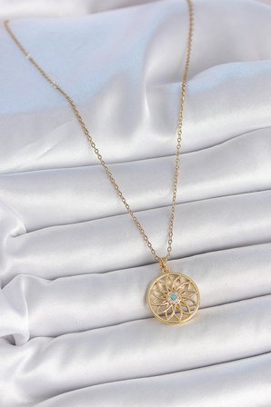 316L Çelik Gold Renk Zincr Mavi Taşlı Lotus Model Kadın Kolye 5886