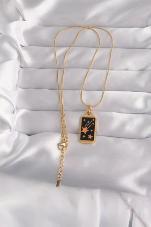 316L Çelik Gold Renk Siyah Mineli Yıldız Figür Tarot Kolye 5886