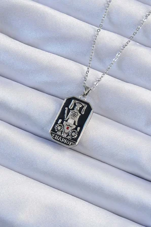 316L Çelik Zincir Gümüş Renk Siyah Mineli Tarot Kolye 5886
