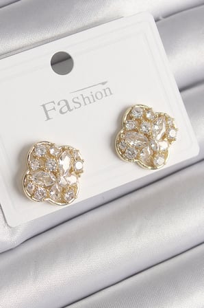 Pirinç Gold Renk Zirkon Taşlı Yonca Model Kadın Küpe 5886