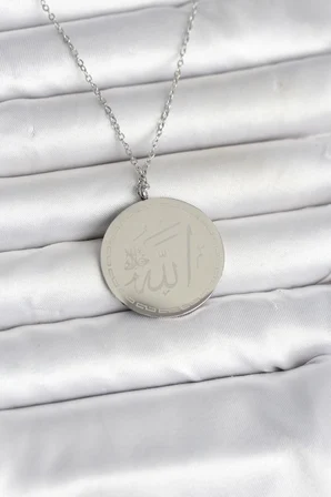 316L Çelik Gümüş Renk Ayetel Kürsi ve Allah Yazılı Kolye