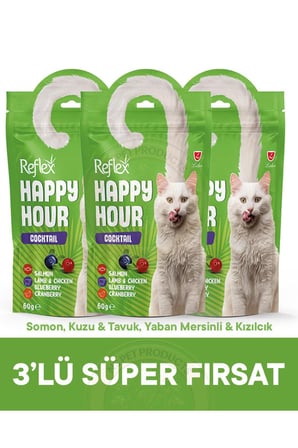 Reflex Happy Hour Cocktail Somon, Kuzu & Tavuk, Yaban Mersinli & Kızılcık 3lü Fırsat 3x60gr BZS01