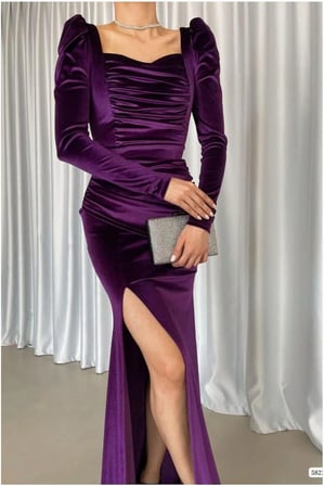 VINTESSY Kadife Yırtmaçlı Elbise Kare Abiye Yaka Kumaş · Renk: Mor · Beden: M BZS01